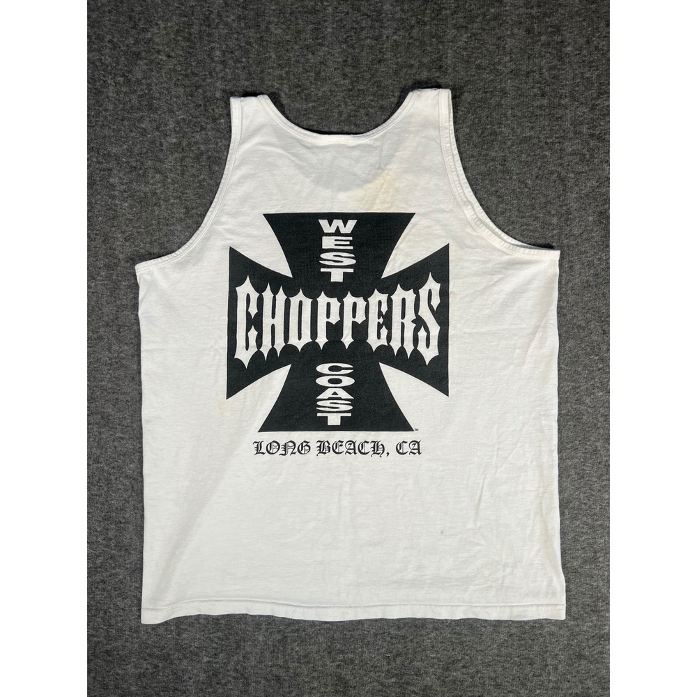 Vintage 90s West Coast Choppers Tank Top Mens XL White Iron Cross Biker Anvil